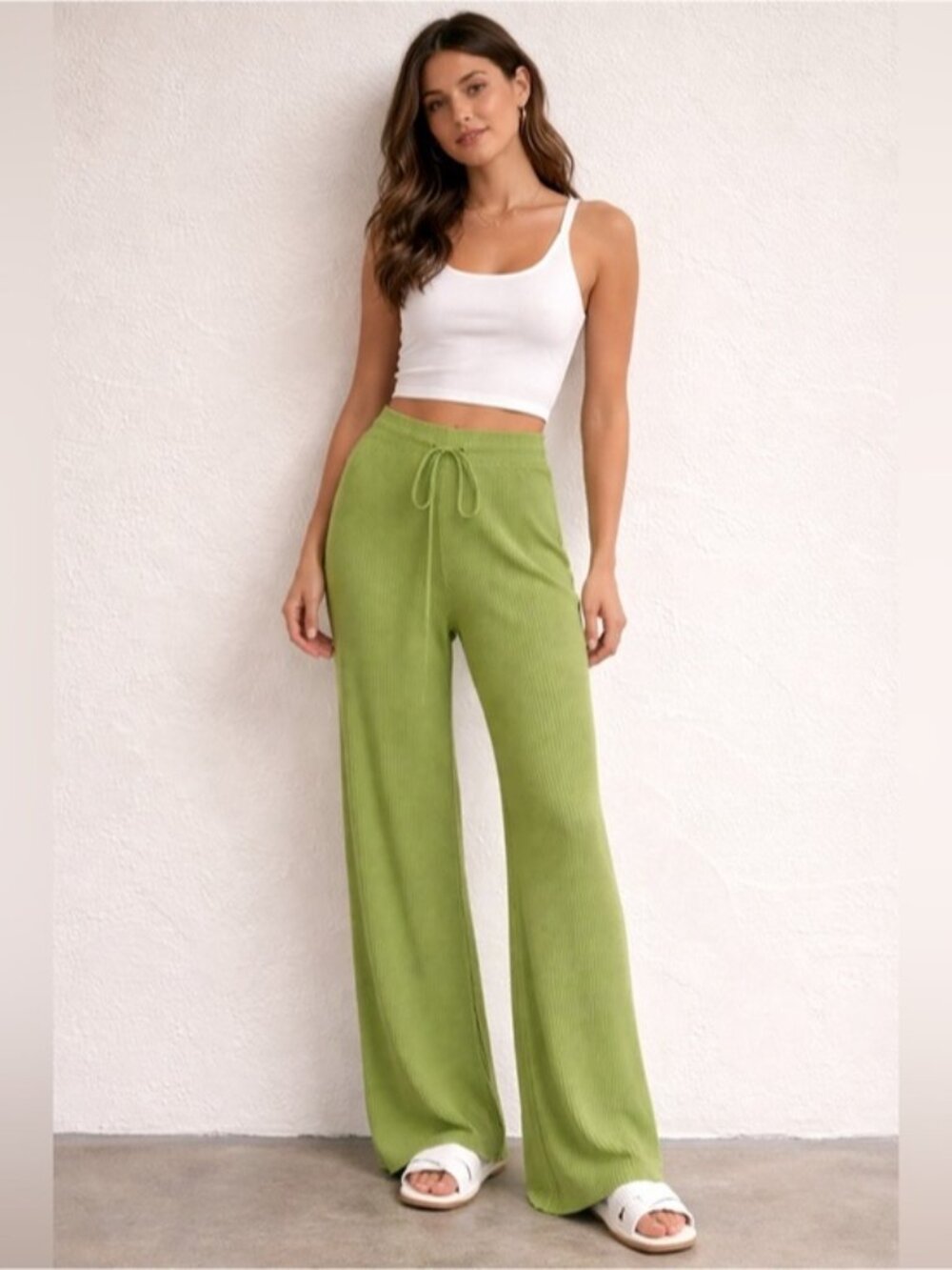 UNASI Ribbed Knit Green Wide Leg Lounge Pants XS